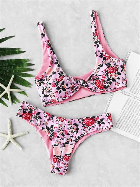 Calico Print Knot Design Reversible Bikini SetFor Women Romwe