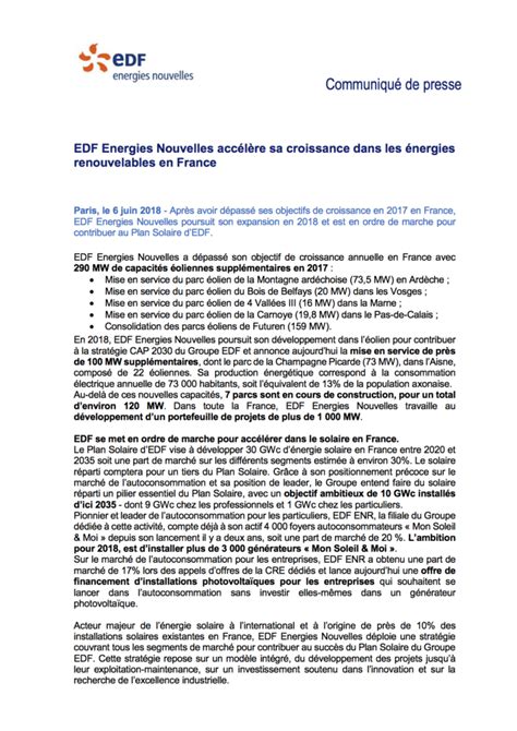 Edf Energies Nouvelles Acc L Re Sa Croissance Dans Les Nergies