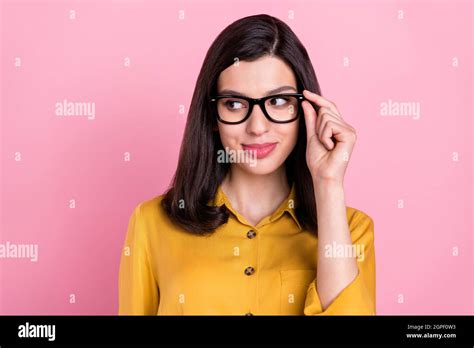 Photo Of Cute Brunette Hairdo Millennial Lady Hand Eyewear Look Empty