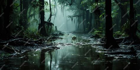 Premium Ai Image Swamp Forest With A Light Mist Quagmire In The