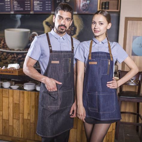 Coffee Black Long Denim Barista Apron With Cross Back Leather Etsy