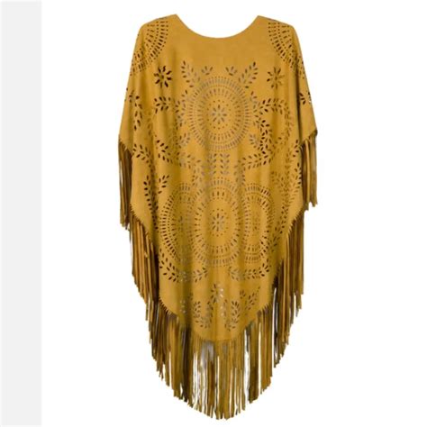 Camel Suede Floral Hollow Out Fringe Tassel Shawl Women Vintage Capes