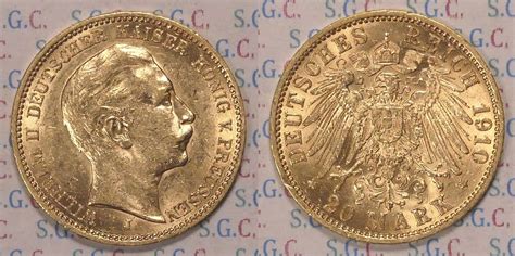 Kaiserreich Preussen 20 RM Gold 1910 J Kaiser Wilhelm II Fast Stgl