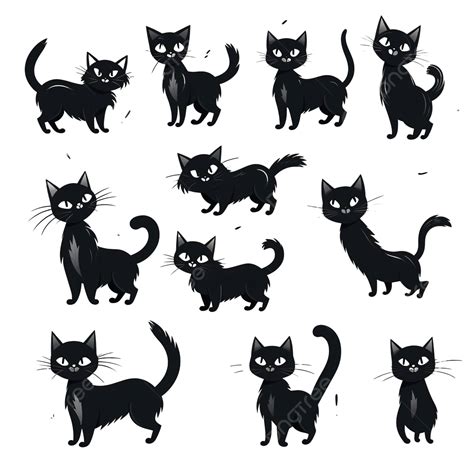 Cat Active Poses Black Doodle Set Cartoon Kitten Cute Or Scary Thin