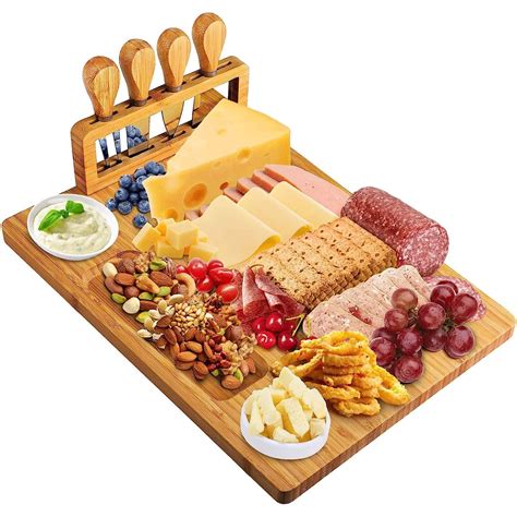 Bamboo Cheese Board Set Charcuterie Boards And Serving Meat Platter Cheese Tray With 4