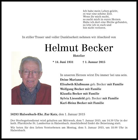 Traueranzeigen Von Helmut Becker Rz Trauer De