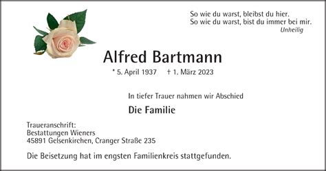 Traueranzeigen Von Alfred Bartmann Trauer In NRW De