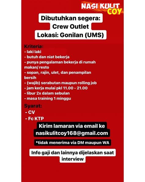 Lowongan Kerja Crew Outlet Nasi Kulit Coy Gonilan UMS Solo INFO LOKER