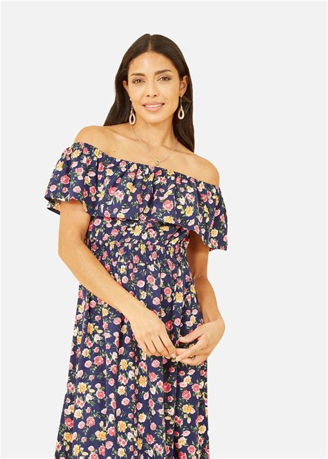 Mela Navy Bardot Floral High Low Maxi Dress Matalan