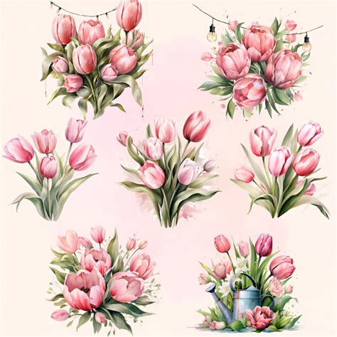 Watercolor Pink Tulips Clipart Pink Flowers Clipart Watercolor