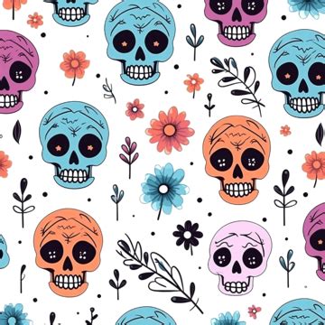 Seamless Pattern With Cute Skulls Halloween Symbols Handdrawn Vector