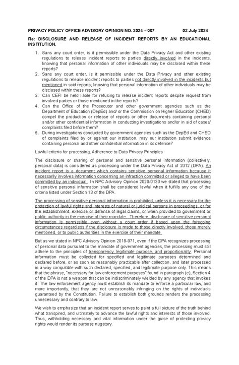 Advisory-Opinion School - PRIVACY POLICY OFFICE ADVISORY OPINION NO