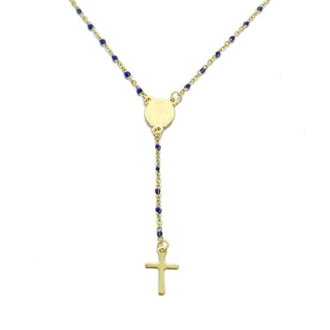 Necklace Rosary Golden Steel And Dark Blue Pearl