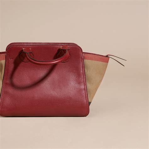 Medium Canvas Check And Leather Tote Bag Burgundy Red Burberry