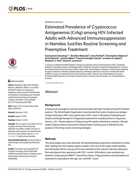 Pdf Estimated Prevalence Of Cryptococcus Antigenemia Crag Among Hiv Infected Adults With