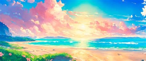 Premium Photo | Beach landscape during sunset in anime style