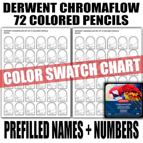 Derwent Chromaflow 72 Colored Pencils Color Chart Prefilled Swatch