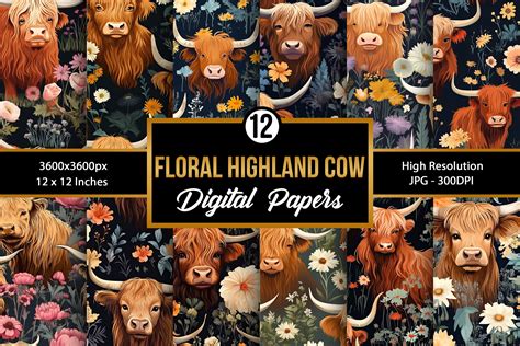 Floral Highland Cow Seamless Pattern Digital Papers By Creativestore