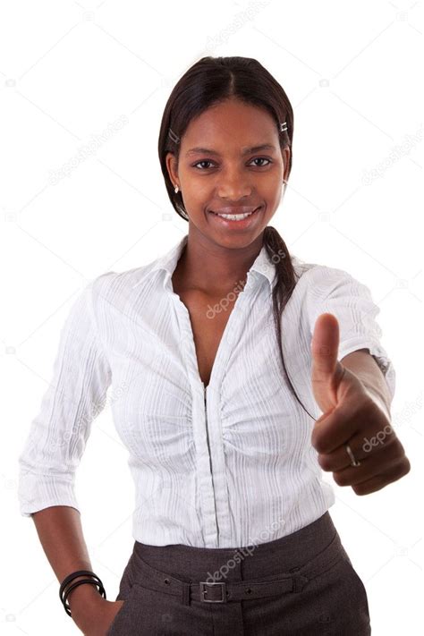 Joven mujer negra haciendo pulgares hacia arriba fotografía de stock