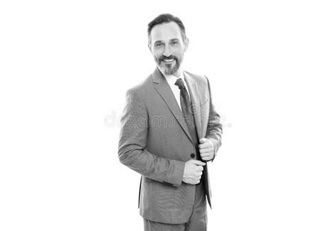 Happy Mature Manager With Grizzled Hair In Suit Isolated On White