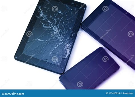 Photos Of Cracked Display On A Tablet And Black Cellphone Isolated On