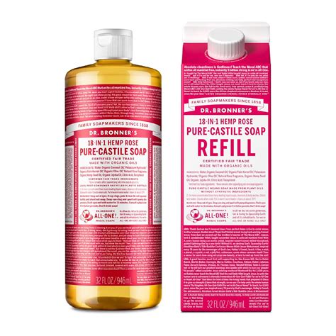 Dr Bronners Pure Castile Liquid Soap 32 Oz Bottle And 32 Oz Refill Carton Rose