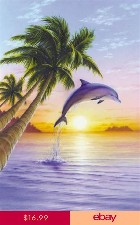 Dolphin Jumping Out Of Water At Sunset Tropical Art Scene X Poster