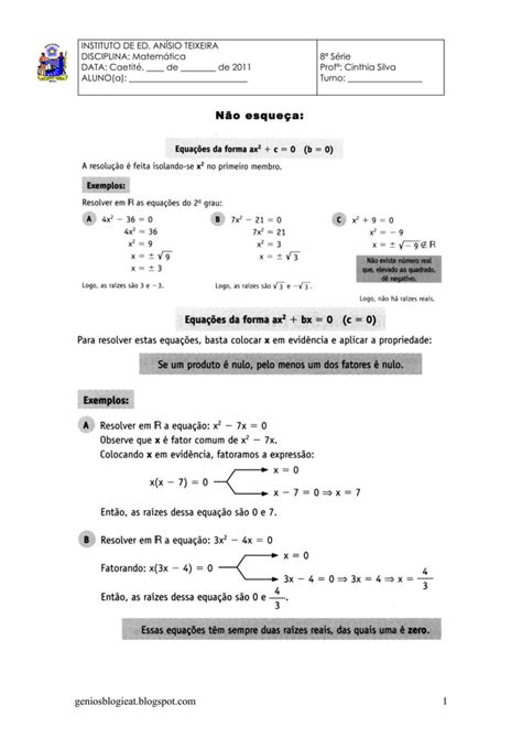 Lista De Equações Do 2º Grau Incompletas