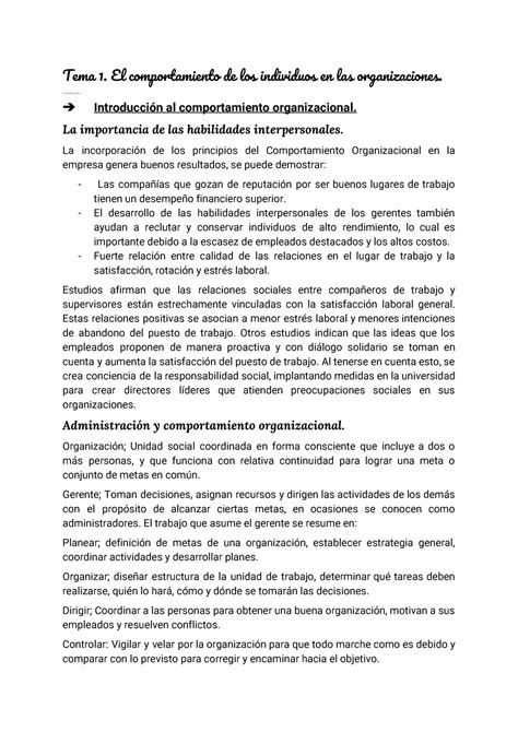 Tema 1 Comportamiento Organizativo Tema 1 El Comportamiento De Los