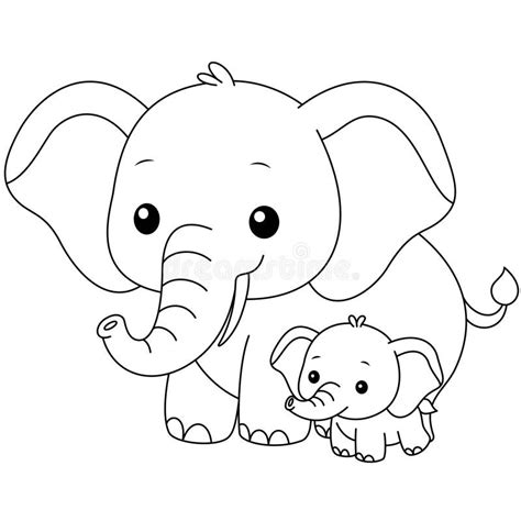 Cute Kawaii Elephant and Baby Cartoon Character Coloring Page Vector ...