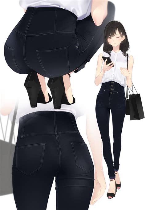 Safebooru 1girl Ama Mitsuki Ass Bag Bangs Bare Arms Bare Shoulders Black Footwear Black Hair