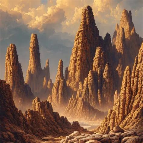 Landscape Painting Rocky Desert Old Stone Fortress