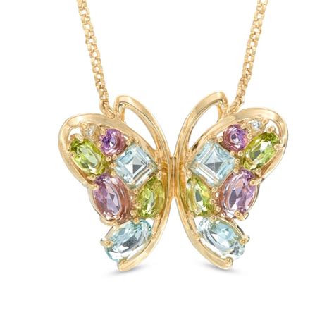 Multi Gemstone Butterfly Pendant In Sterling Silver With 18k Gold Plate