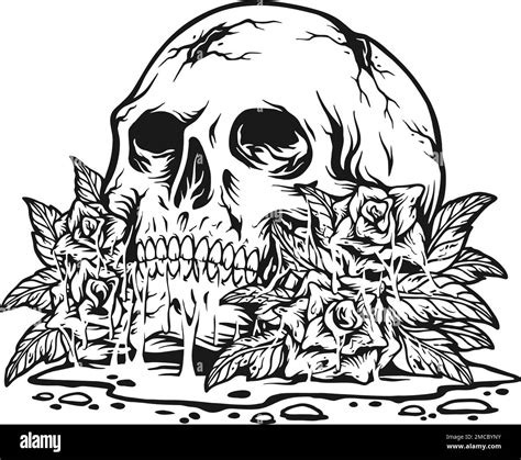 Creepy Skull Head Roses Floral Plant Monochrome Vector Illustrations