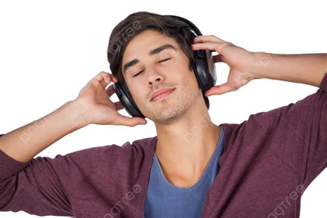 Man Using Headphones To Listen Music Cheerful Male Cool Listening