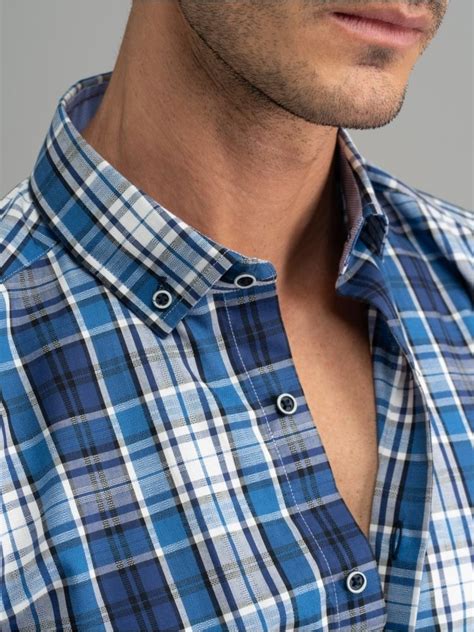 Camicia Uomo Madras Blu Collo Button Down Invidia 1973