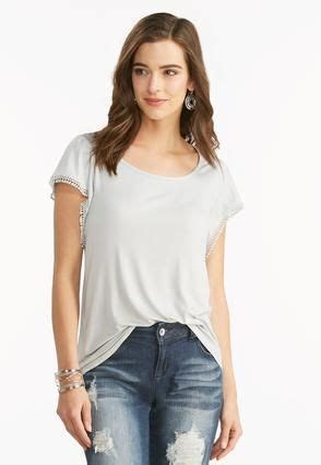 Pom Pom Trim Flutter Sleeve Top Tops Cato Fashions Cato Fashion