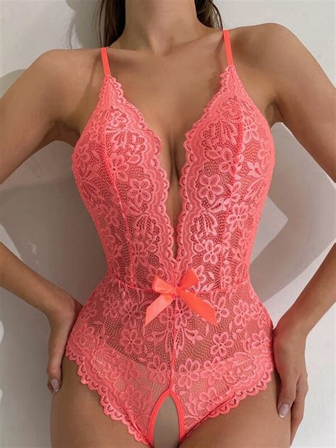 Floral Lace Scallop Trim Crotchless Teddy Bodysuit Shein Usa