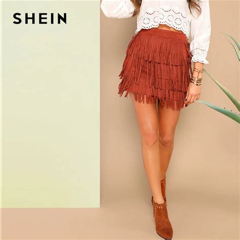 Shein Rust Layered Fringe Front Skinny Suede Solid Mini Skirt Women