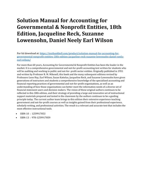 Solution Manual For Accounting For Governmental Nonprofit Entities 18th