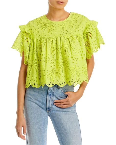 Farm Rio Cotton Eyelet Blouse In Yellow Lyst