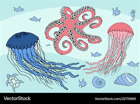 Two Jellyfish Octopus And Sea Beasts Marine Life Vector Image