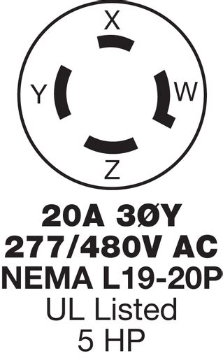 Hubbell HBL2761 30 Amp 277/480 VAC 4-Pole 4-Wire NEMA L19-30P Black and ...