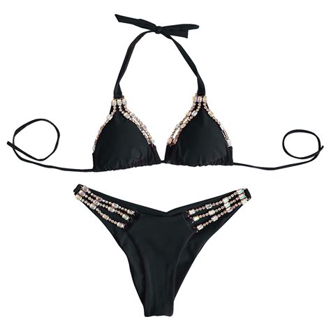 Elfindea Bikini Women Solid Set Two Piece Filled Bra Beachwear Black M