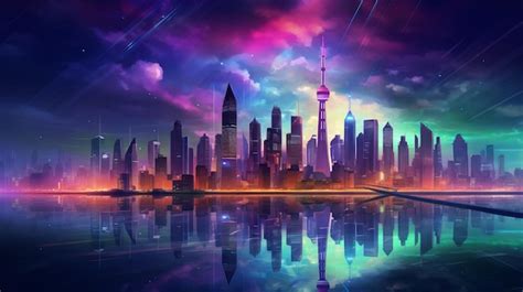 Premium Ai Image Neon Night City Crossing With View Of Glittering