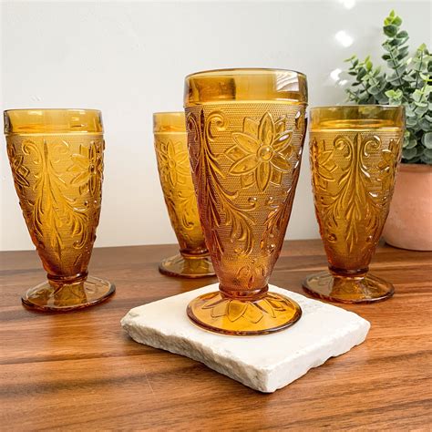 Set Of 4 Tiara Sandwich Amber Iced Tea Glasses Iob In Etsy Indiana Glass Iced Tea Glasses