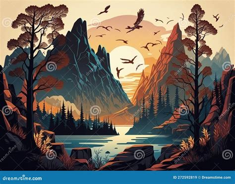 Vector Art Landscape Gray Brown Orange And Yellow Colors With