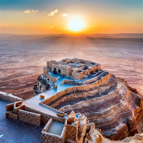 Belo nascer do sol sobre as ruínas da fortaleza de Masada do palácio do