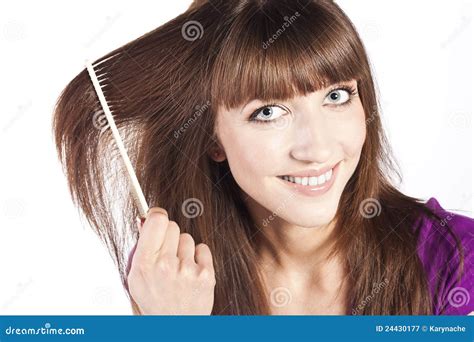 Brunette Brushing Her Hair In Studio Stock Image Image Of Healthy Cute