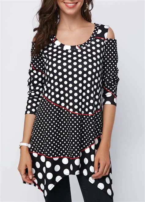 Rotita Asymmetric Hem Black Cold Shoulder Polka Dot Blouse